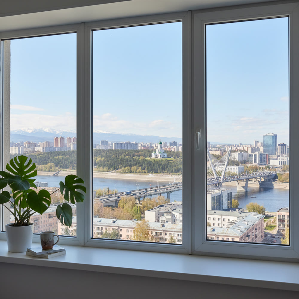Вид на часовню Параскевы Пятницы и Енисей из окна ПВХ, реклама окон в Красноярске