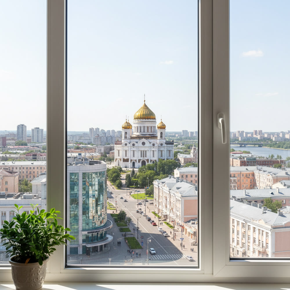 Вид на Успенский собор из окна ПВХ, реклама окон в Омске