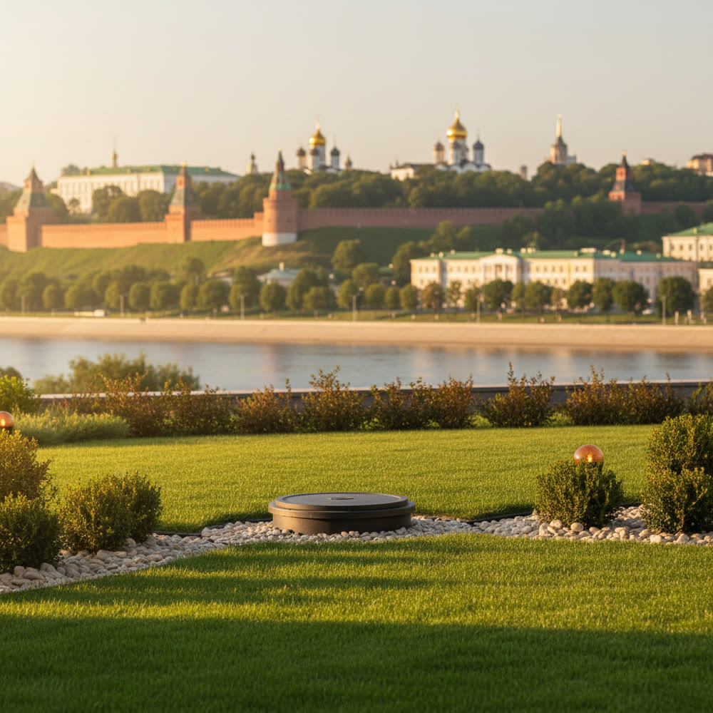 Вид на Нижегородский кремль и Волгу, реклама установки септиков в Нижнем Новгороде