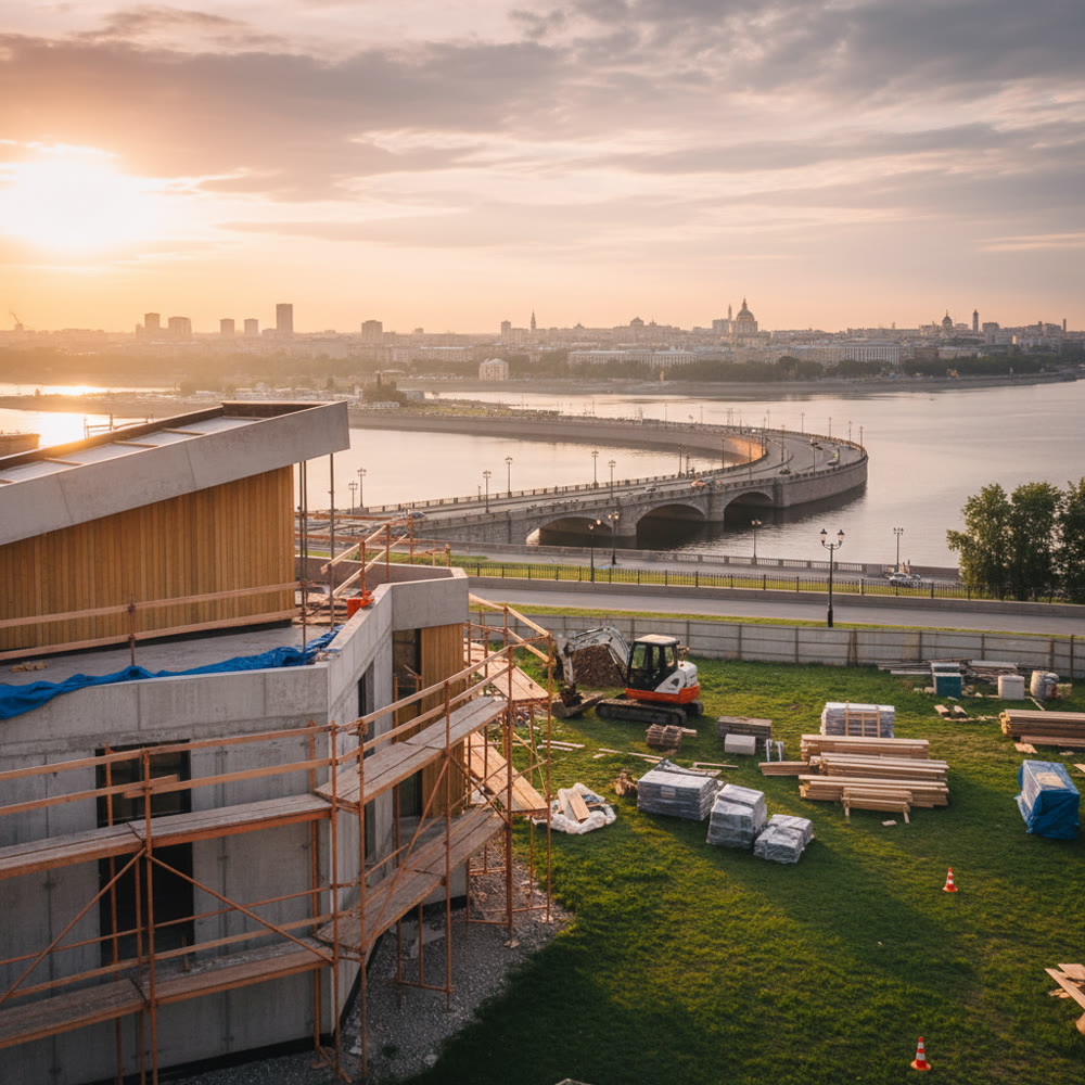 Вид на небоскрёбы делового квартала и Храм-на-Крови, реклама строительства домов в Воронеже