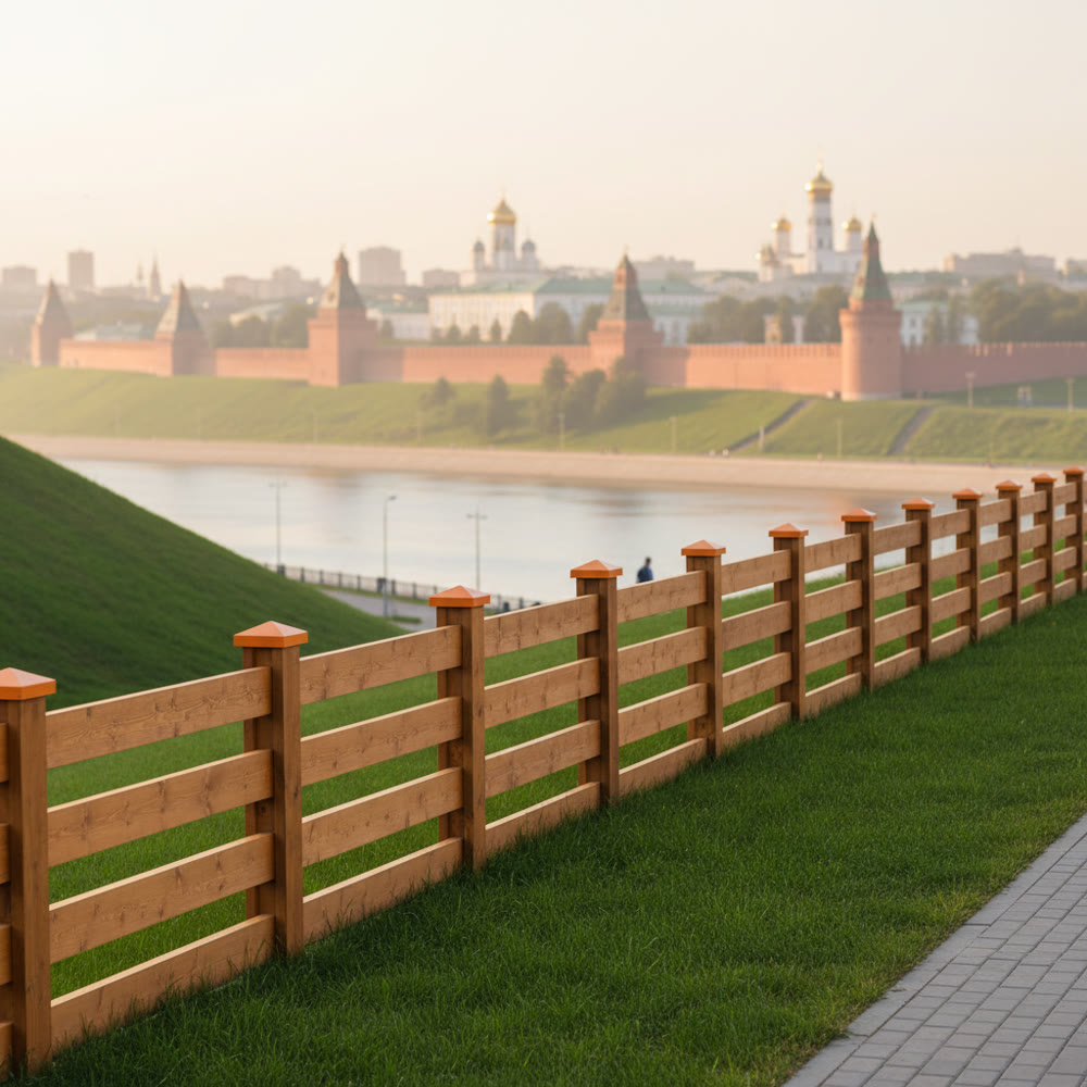 Вид на Нижегородский кремль и Волгу, реклама монтажа заборов в Нижнем Новгороде